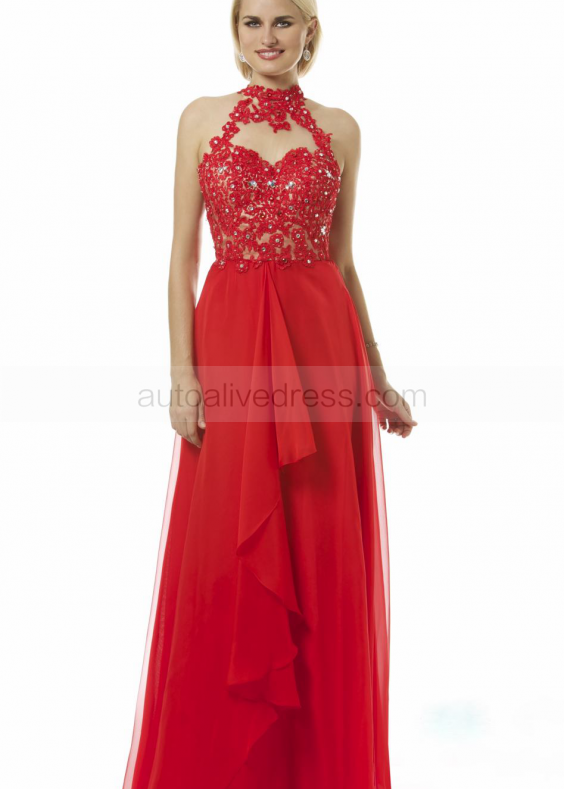 Turtle Neck Beaded Lace Chiffon Ruffled Prom Dress